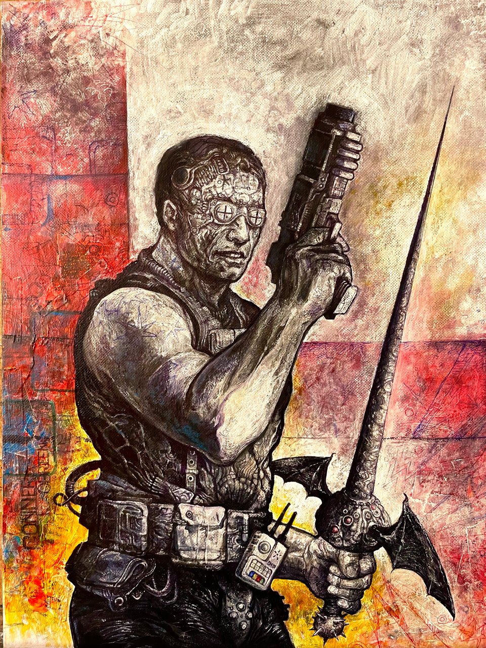 A painting of a man with a sword and a gun. He is pained in black and white while the rest of the painting is in vibrant color. His attire is that of a typical sci fi action hero with a strange almost mechanical face and goggles over his eyes, his sword is ornate and impractical being a sharp cone with bat wings and a spiked ball on the pommel.