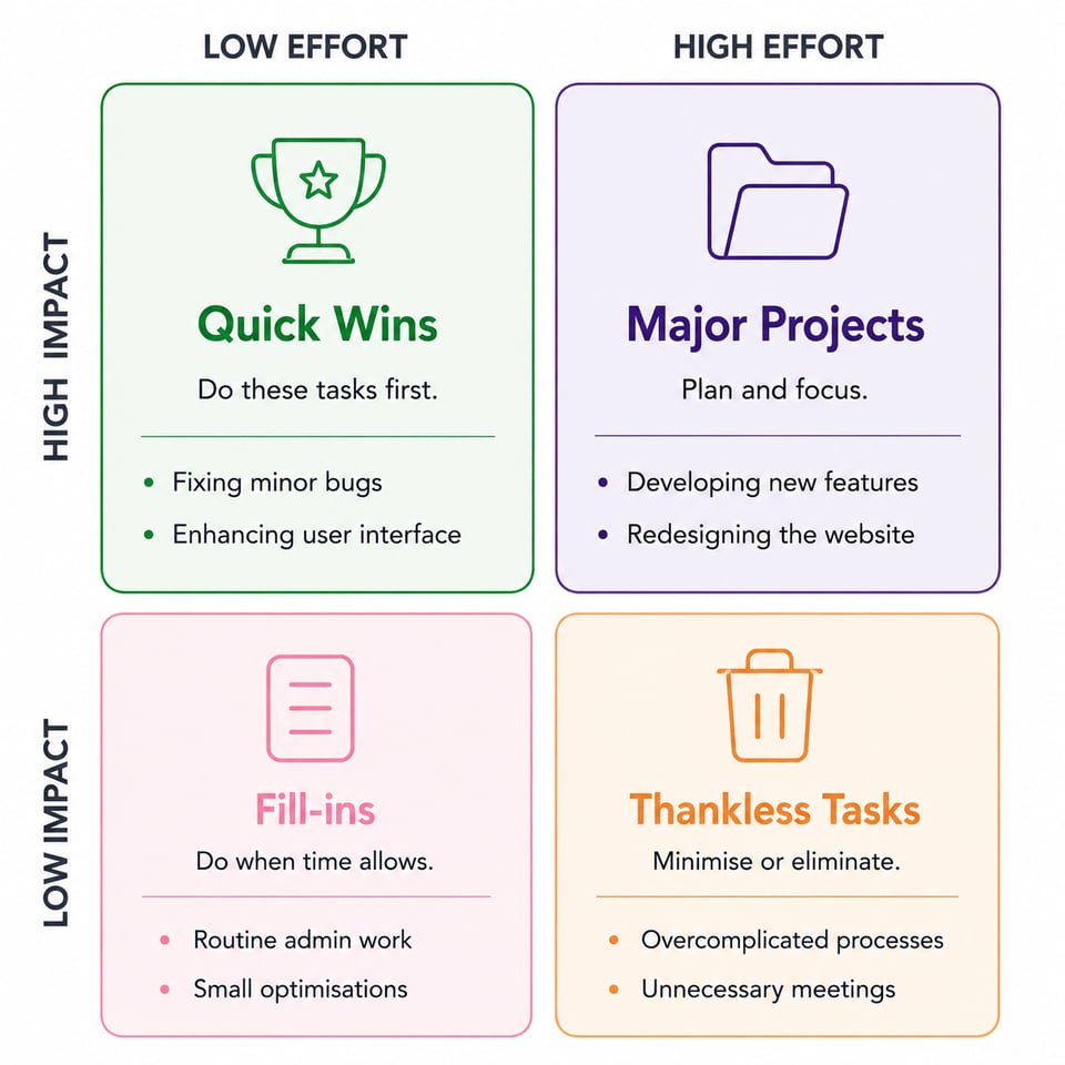 2×2 matrix categorising tasks by impact and effort to help prioritise work effectively.