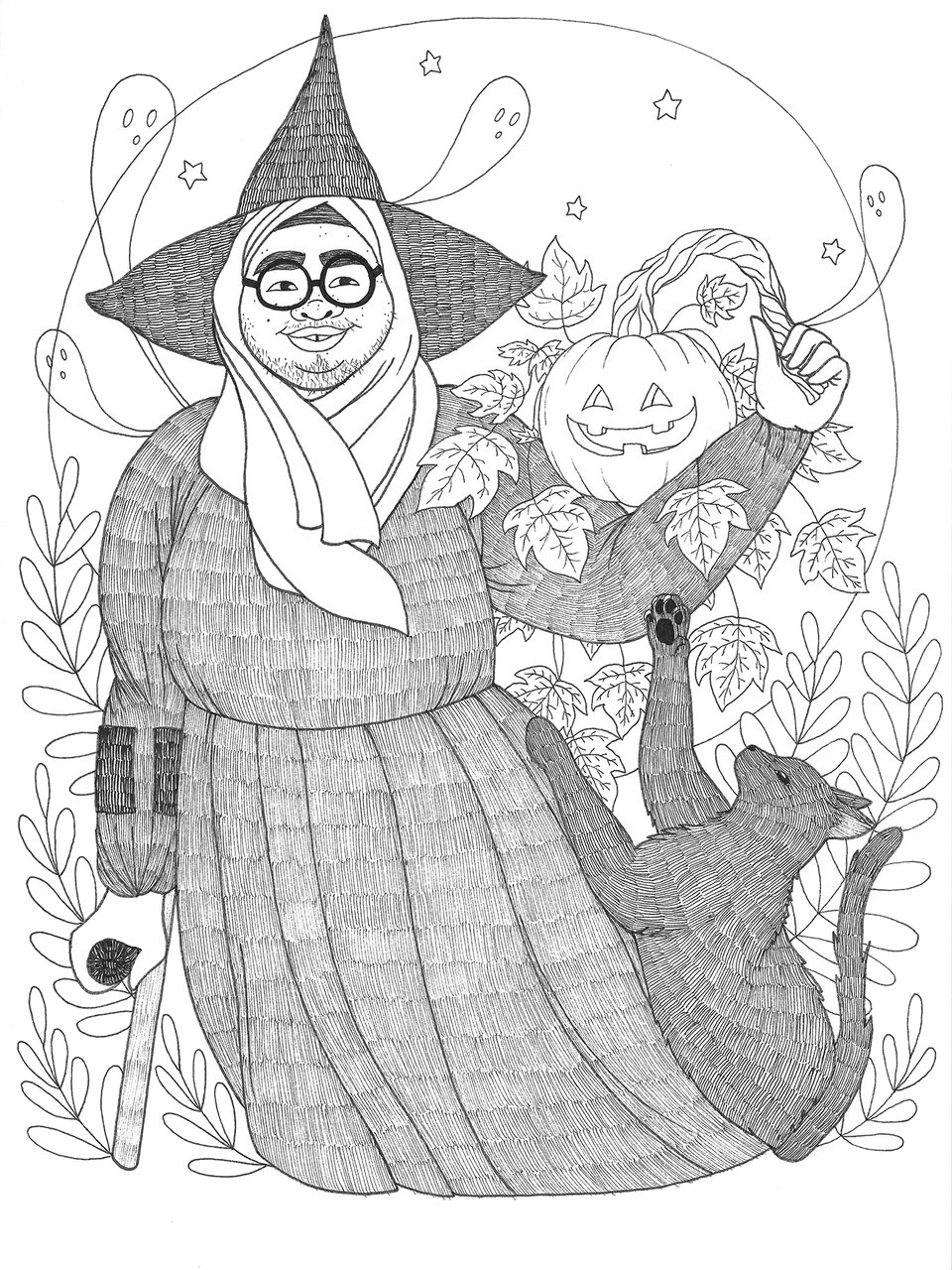 A black and white inked illustration of a nonbinary witch wearing hijab as they lean on their cane with one hand and hoist a smiling jack-o-lantern with their other hand. A mischievous cat paws at the pumpkin's leaves as if determined to grab it.