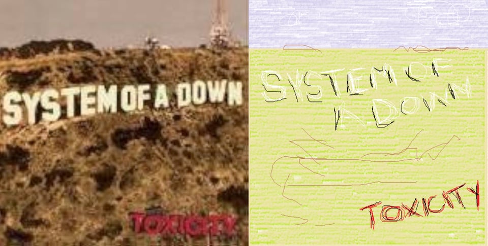 A photo of the famous Hollywood sign in Los Angeles, but the letters have been replaced so it says SYSTEM OF A DOWN.