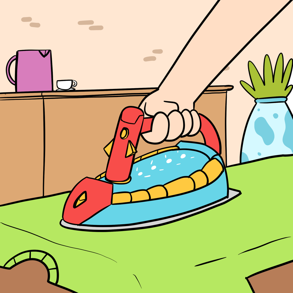 A shirt is being ironed on an ironing board, while the back of the iron lights up to show flashing lights indicating a call is coming in.