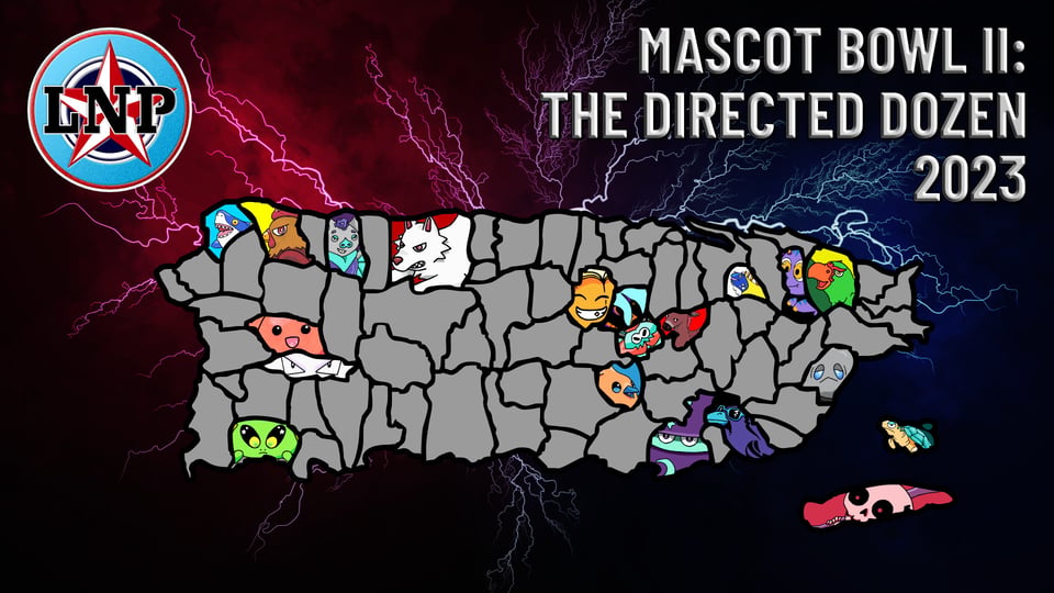 The new map for 2023's Mascot Bowl II adds, going from west to east, north to south: Galaxígena the inquisitive alien in Lajas, Nocturnovio the romantic bat in Camuy, Mofonganzón the happy anime plantain in Corozal, Brillamarada the iridescent grackle in Naranjito, Escorpiaza the Brimleyesque whip spider in Comerío, Trompollito the cute little chicken in Aibonito, Sombrilegio the sentient hat in Guayama, Fritiguana the sleepy dumpling lizard in Trujillo Alto, Gafástrofe the cool crow in Patillas, Cuernoespín the adorable chupacabra in Canóvanas, Lorocuaz the yelling parrot in Río Grande, and Tibiambino the baseball skeleton in Vieques.