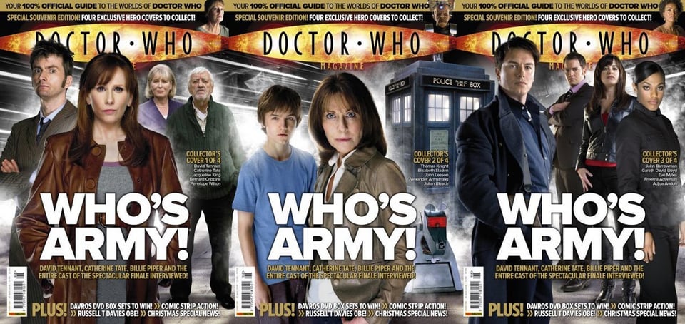 Three covers of Doctor Who magazine, featuring Who, Sarah Jane Adventures, and Torchwood, from around the time of the giant crossover "Journey's End"