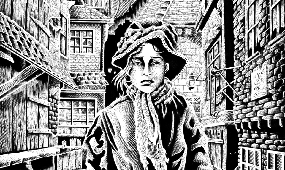 A black and white image of a depressed Edwardian woman dressed in rags. It's rendered in a style that resembles etchings, with deep shadows and a lot of texture.