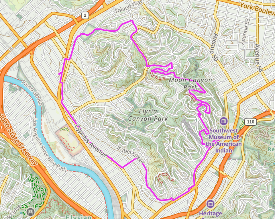 A map of the zip code 90065 with a purple line representing a walk.