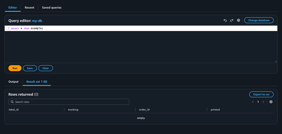 Screenshot of a SELECT query being run in the AWS RDS Query Editor