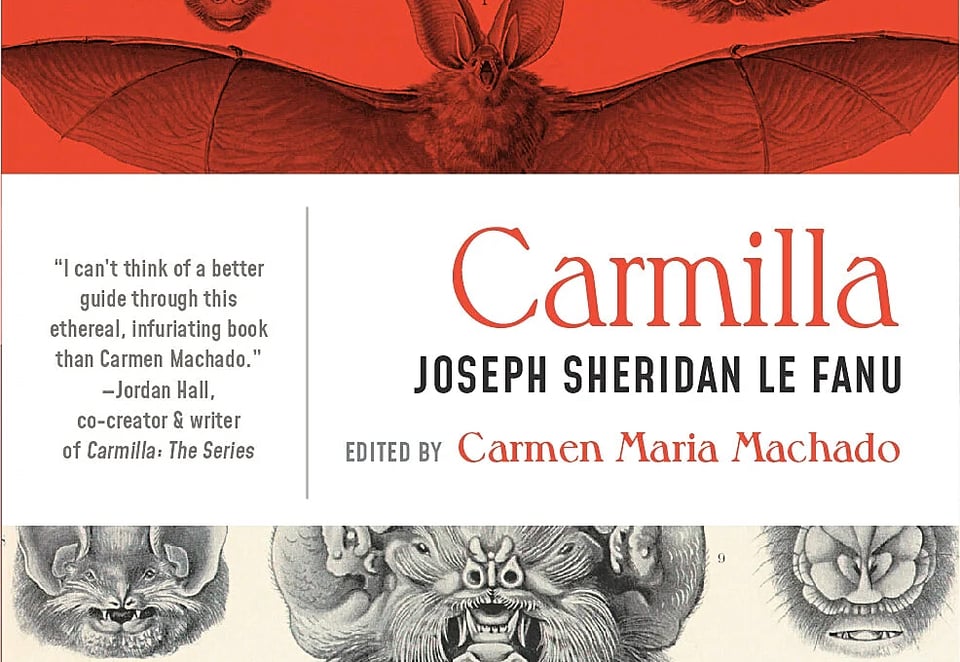 Detail of a cover to Carmilla, showing the name of the book and the faces of various bats.