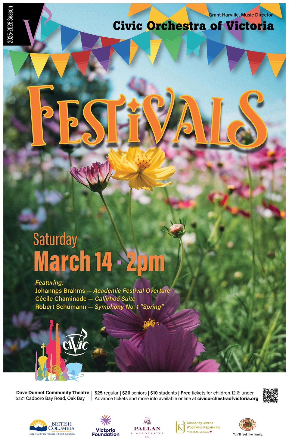 A poster for this concert, which is named "Festivals". It has bright flowers and colorful bunting, and text information that appears elsewhere in this email.
