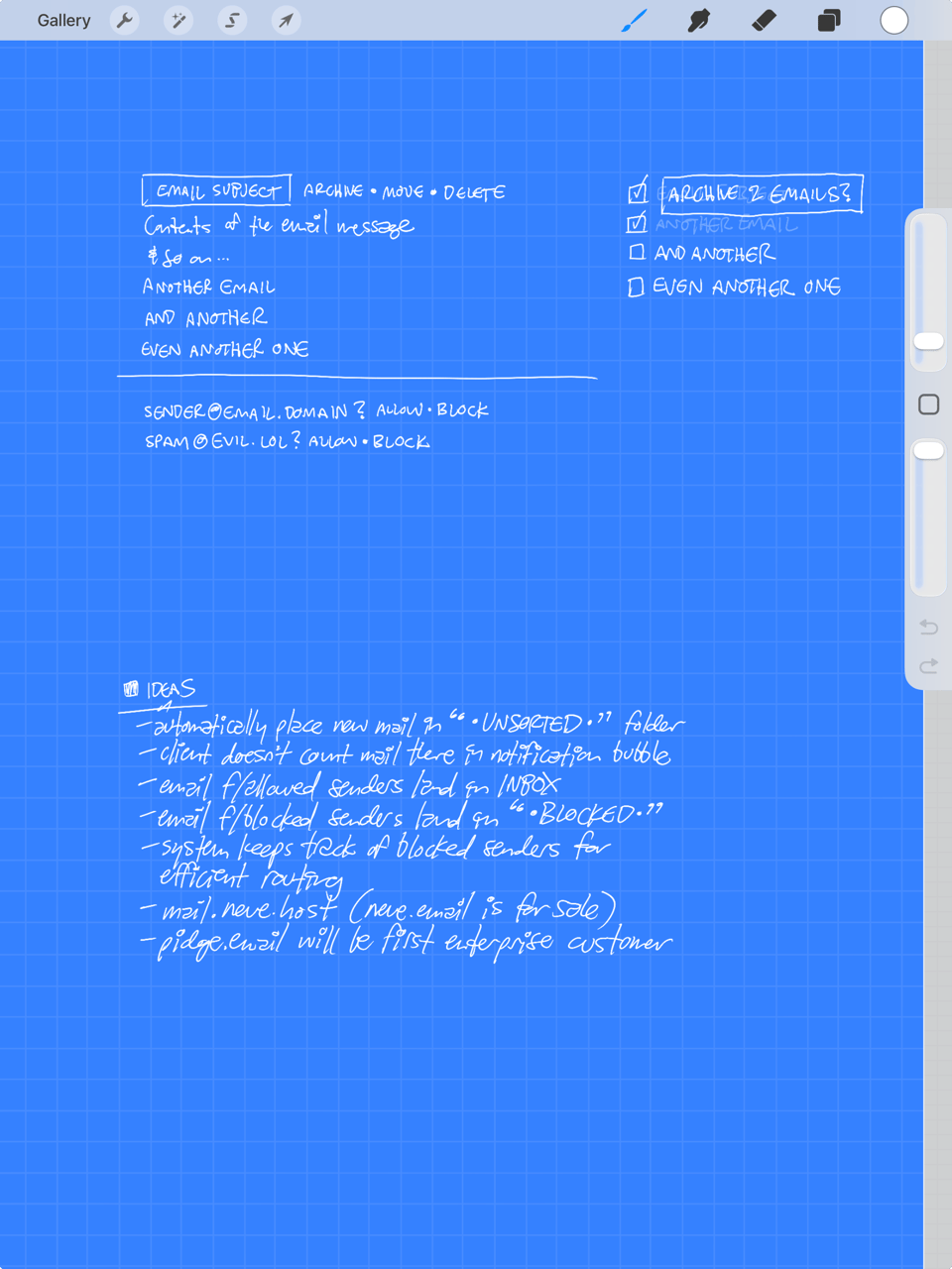 sketch of an email application, with some ideas