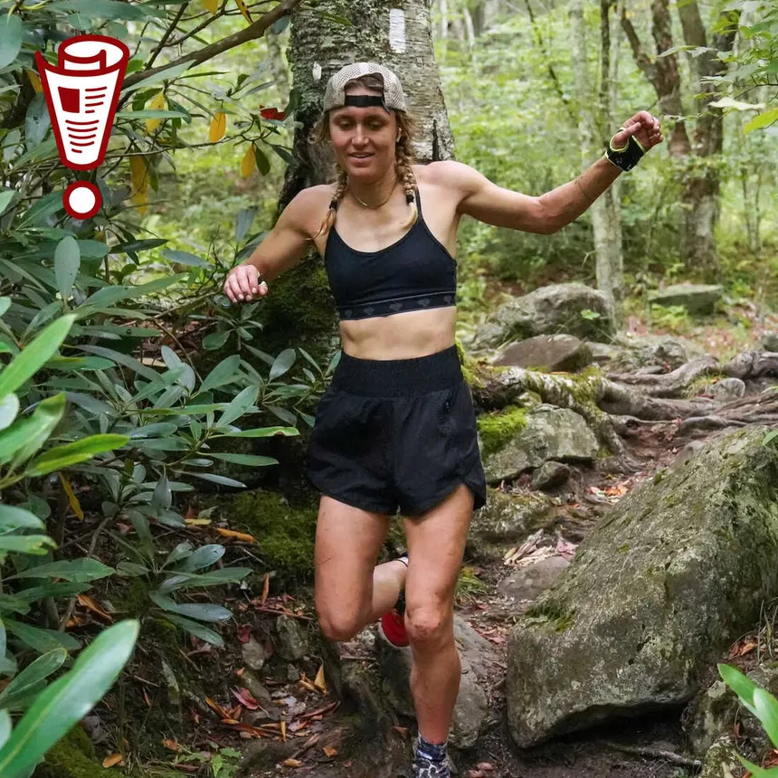 A photograph of ultra runner and Appalachian Trail FKT-holder Tara Dower on the trail, courtesy of Wait Wait Don't Tell Me on NPR