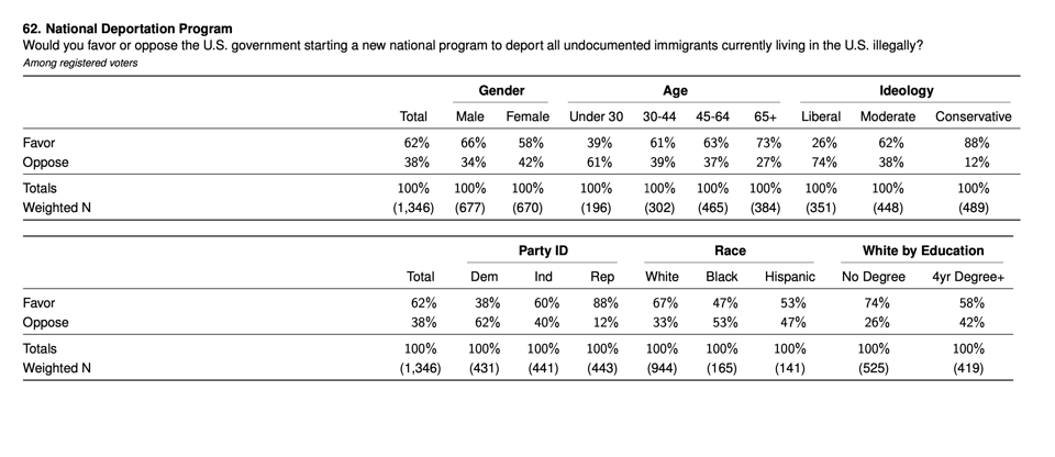 Crosstabs from a YouGov poll, which showed 62% overall support for a national deportation program