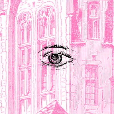 A line drawing of a windowed tower, colourised hot pink, with an illustration of an open eye overlaid.