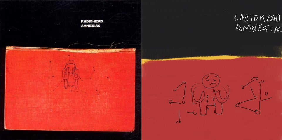 An old and distressed red hardcover book, placed horizontally so its spine is at the top, on a black background. The spine is damaged and peeling. On the book is a sketch of a spindly, bald, almost alien figure that seems to be holding its hands to its eyes, as if crying.