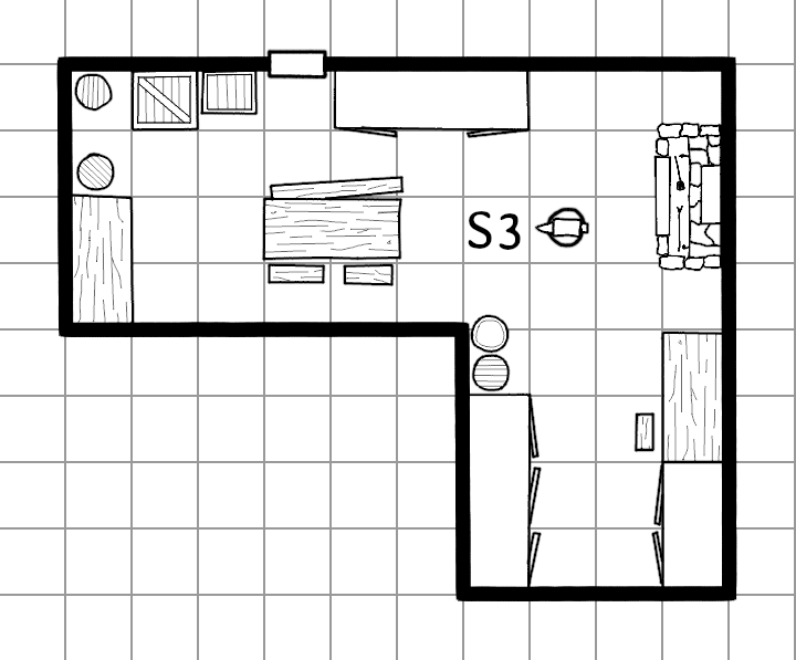 A simple, single "L" shaped room which functions as a blacksmith shop.