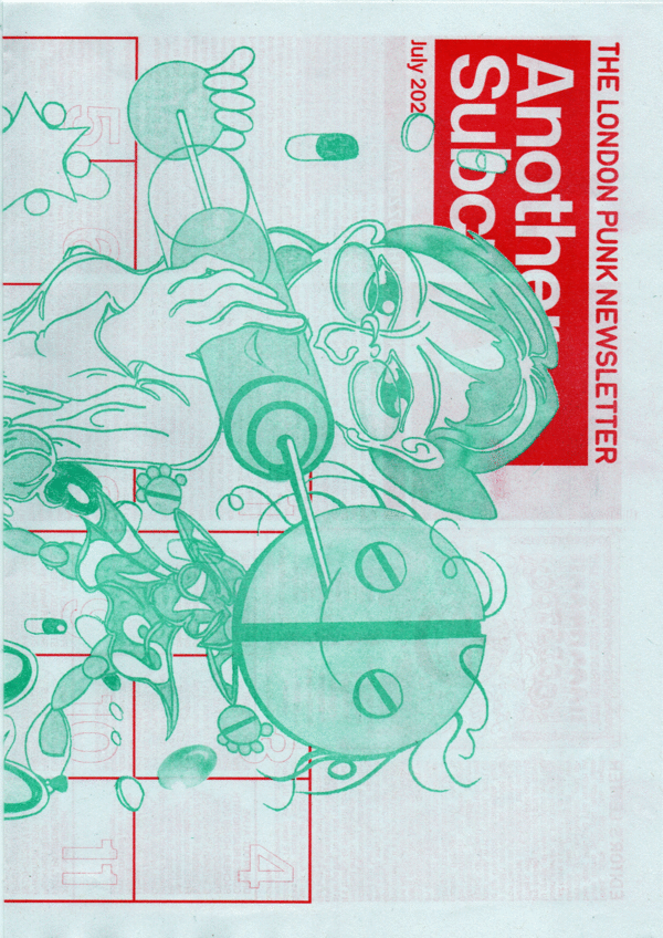 JMKE drawn cover for Another Subculture in 2021 (big nurse injecting you with a big needle, a person made out of pills?)