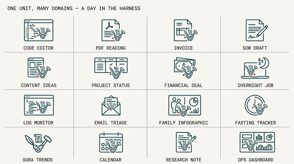 Small-multiples grid: the same harness icon repeated across sixteen everyday domains — code editor, PDF reading, invoice, SOW draft, content ideas, project status, financial deal, overnight job, log monitor, email triage, family infographic, fasting tracker, Oura trends, calendar, research note, ops dashboard. One unit, many domains.