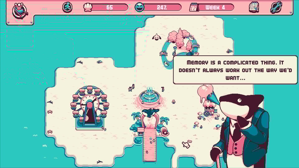 Screenshot from the game. A pixelated island with a few rides built on it. On the side, an Orca in tuxedo looks pensive and says: “Memory is a complicated thing. It doesn’t always work out the way we’d want…”