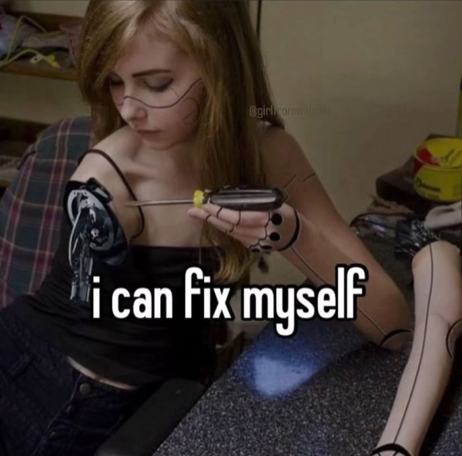 A photo-manipulation showing a young teen girl turned cyborg holding a screwdriver towards her arm which has been removed for maintenace. Text overlaid reads: i can fix myself