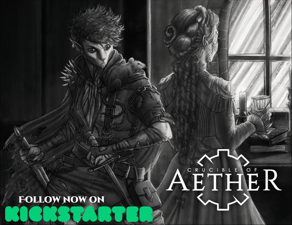 A black and white digital drawing for the TTRPG Crucible of Aether depicts two figures. The first is a woman with bird-like features wearing a dress and looking out a window. She is holding a goblet in one and and oblivious to the second figure. The second figure has mouselike facial features and is wearing tattered clothes, bits of armor and many pouches. The second figure also has a rat on one shoulder and is wielding two knives as they stalk behind the first figure.