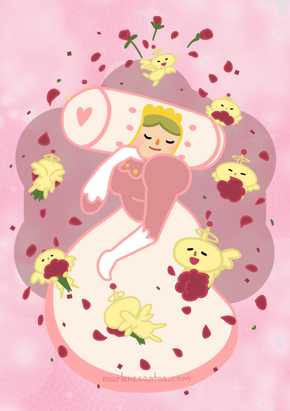 Katamari fan art of the queen of all cosmos surrounded by little angel, circling all around her with roses.