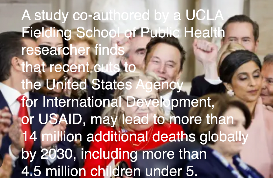 Elon Musk celebrating himself, surrounded by fellow bullshitters. Above him are the findings of a research study. DOGE cuts will kill millions. Needlessly.