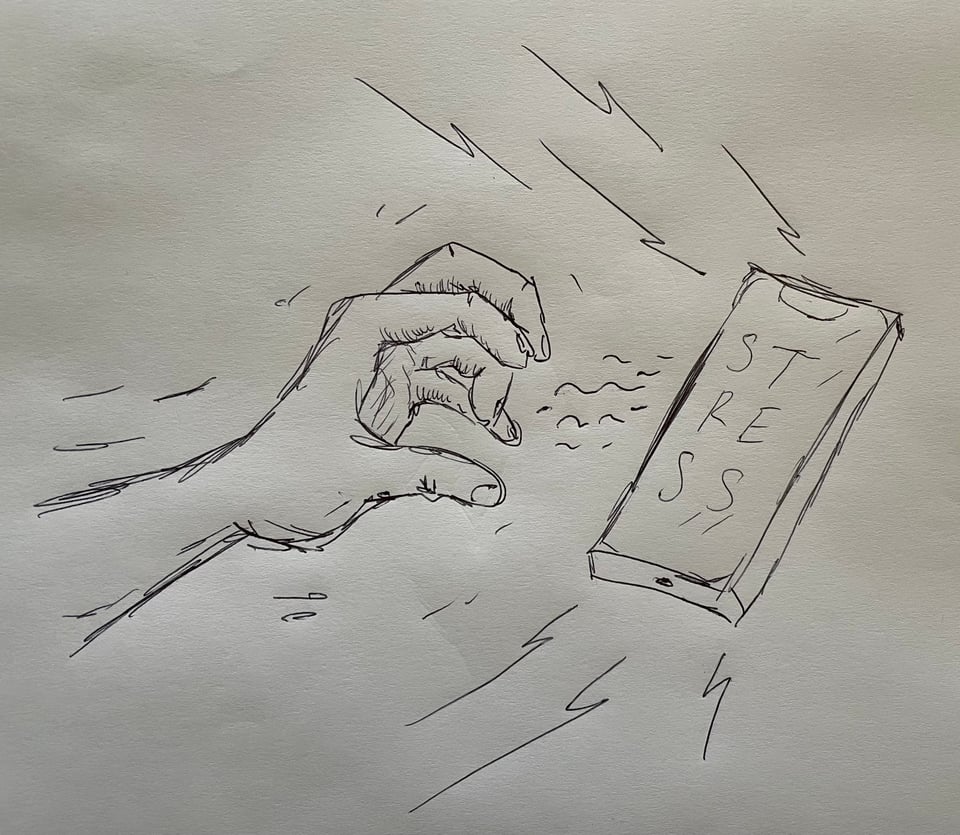 A rough sketch of a trembling hand reaching for a phone with the word STRESS as the screensaver