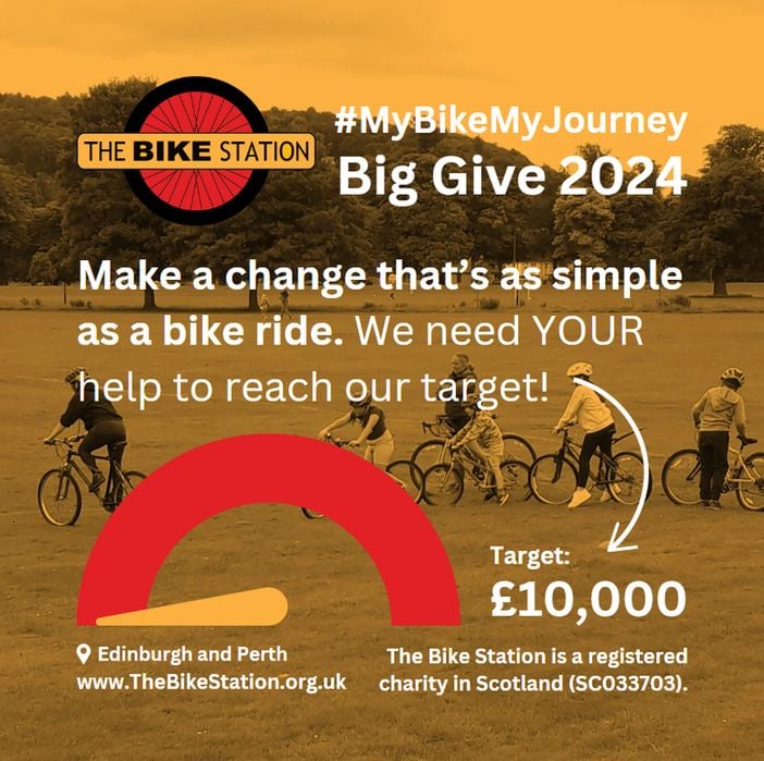 Bikestation flyer - against a photographic backdrop of a sepia-tinted Meadows park with trees in full foliage and six young riders receiving cycle training on the grass, the text reads: The Bike Station hashtag MyBikeMyJourney - Big Give 2024: Make a change that's as simple as a bike ride. We need YOUR help to reach our target of £10,000. Situated in Edinburgh and Perth, website TheBikeStation.org.uk, The Bike Station is a registered charity in Scotland (SC033703)
