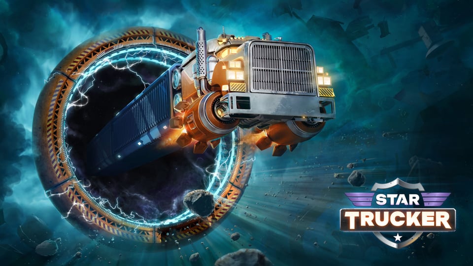 Official art from the game Star Trucker; image shows a big rig "truck" spaceship travelling through a jump gate.