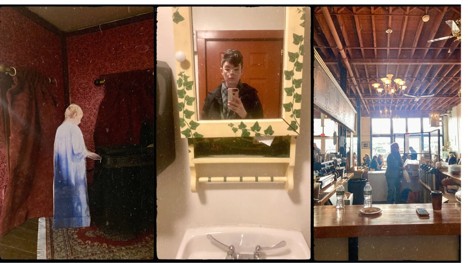 grid with three photos. L-R: interior of a dollhouse set up to look like a scene from Rosemary's Baby with Mia Farrow; bathroom selfie of D with floppy hair; the counter and dining room at the Rochester public market coffee shop.