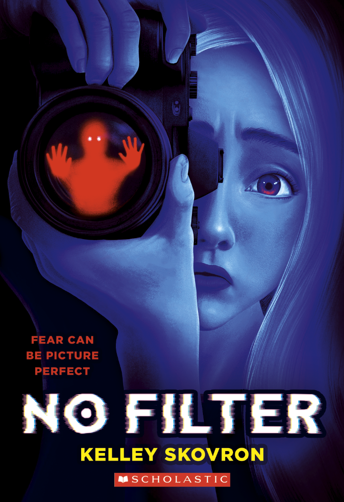 The cover for NO FILTER, which shows a girl who looks afraid as she holds up a camera with a sinister-looking specter reflected off the lense.