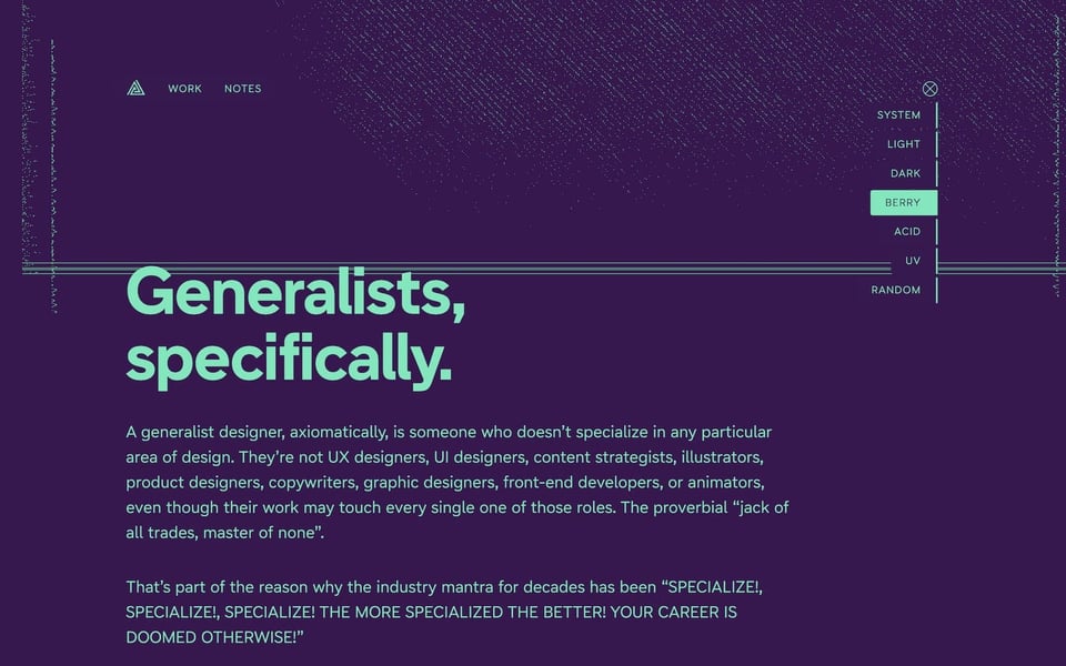 A blog post with the title “Generalists, specifically” in the Berry color scheme