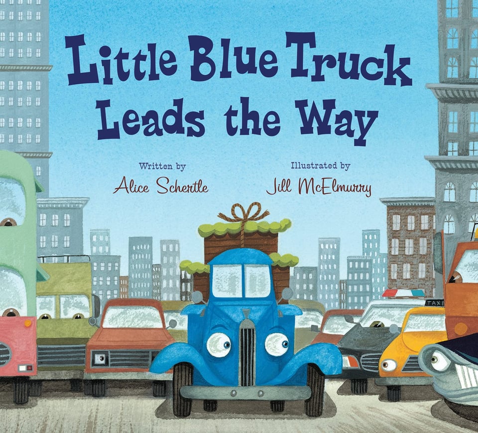 Cover of "Little Blue Truck Leads the Way" which features the titular little blue truck on a crowded road with a bunch of other vehicles crowding him including a yellow taxi and a police car