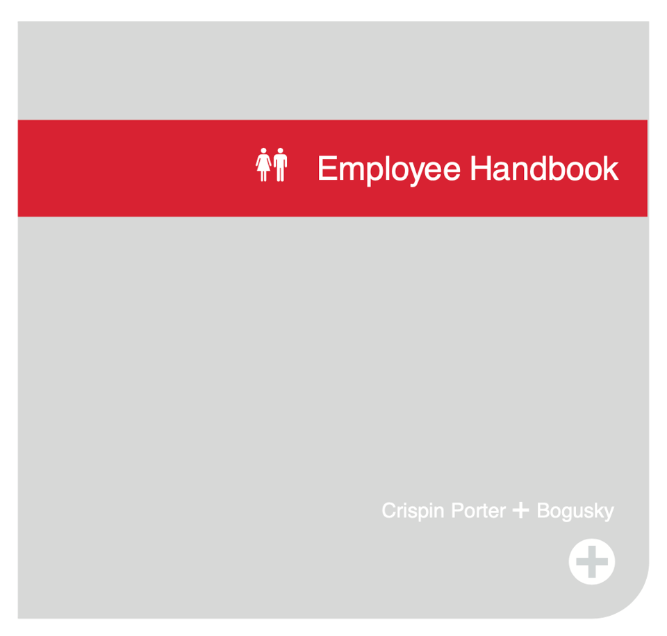The cover of the Crispin Porter and Bogusky employee handbook. There are icons for a woman and a man and the words "Employee Handbook".