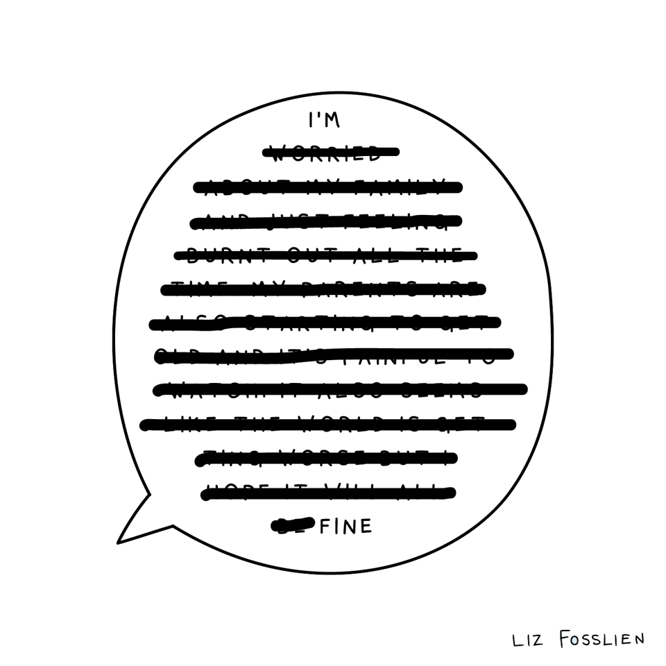 speech bubble with most of the text redacted expect for “I’m Fine”.