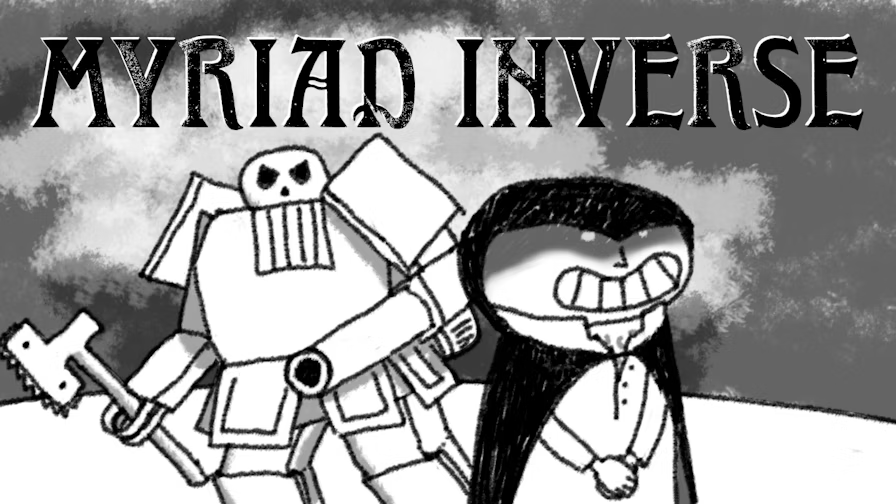 The cover image of Myriad Inverse, featuring a poorly-drawn robot and an even-more-poorly-drawn person with an evil grin.