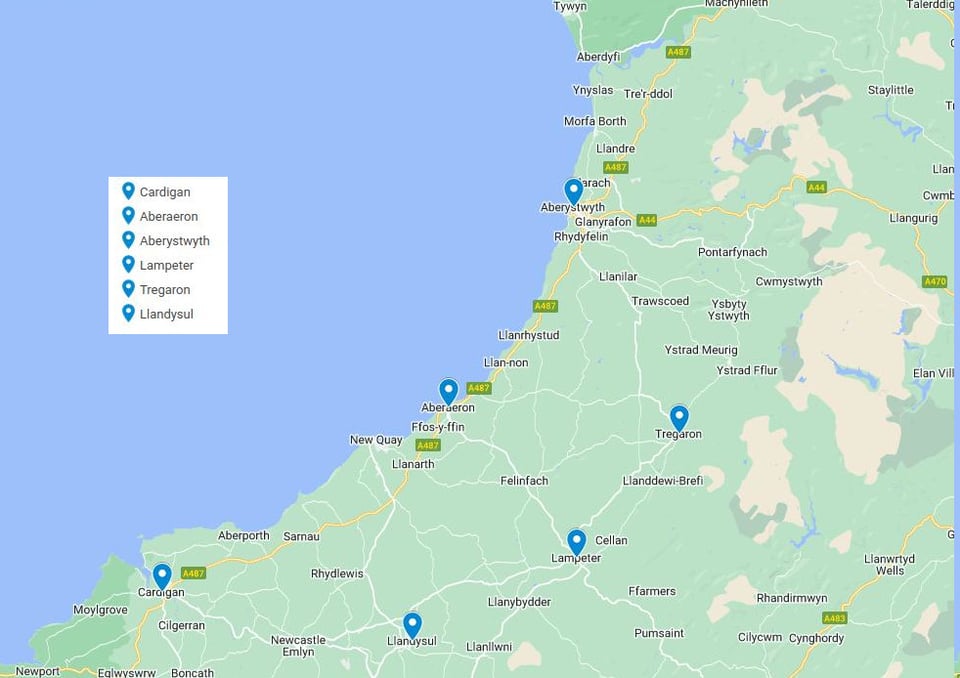 Map of 6 towns in Ceredigion - Cardigan, Aberaeron, Aberystwyth, Lampeter, Tregaron and Llandysul