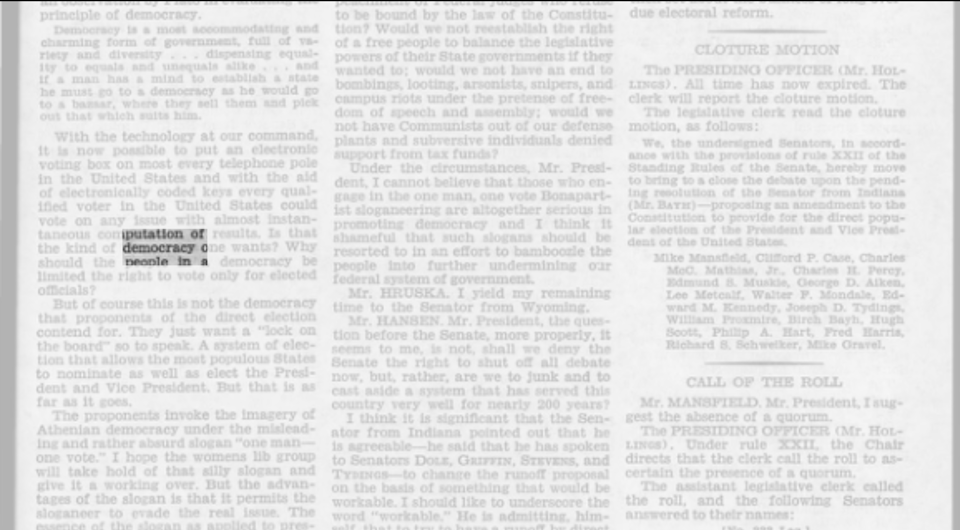 A page of the congressional record with "democracy" highlighted