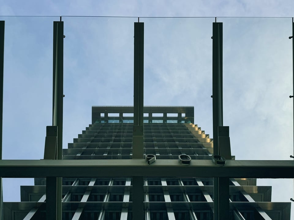 A weird shot of City Hall, looking up at it through its weird glass awning