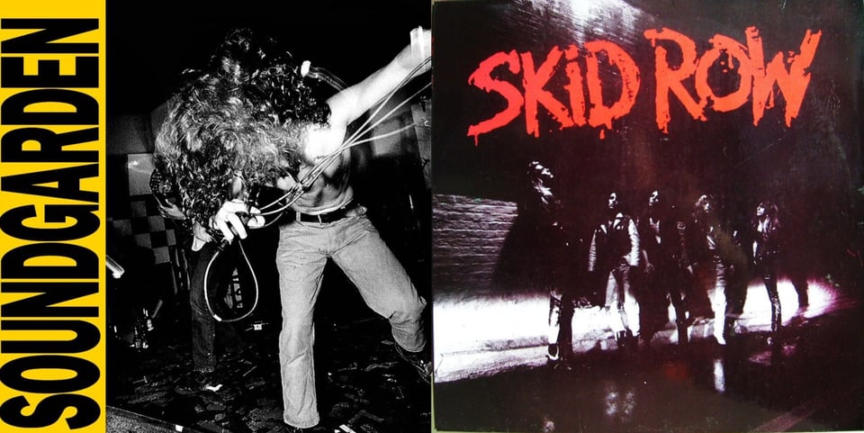 First pic: A black and white photo of singer Chris Cornell (RIP), on stage, in the middle of singing into a microphone and possibly head-banging. He is shirtless and wears jeans and a black belt. His head is facing the floor and it's like an explosion of dark hair emerging from his head from the force of whipping his head. Second pic: A black and white photo of the band on a sidewalk in front of a brick wall. The bottom of the wall, where it meets the sidewalk, is illuminated - the suggestion of car headlights perhaps? The ground is wet. The band members look in different directions.