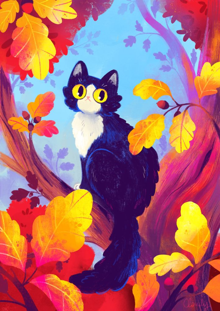 A colorful illustration of a black and white cat with large yellow eyes, sitting on a branch of a tree surrounded by acorns and yellow, orange and red leaves
