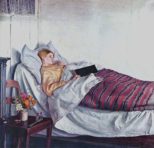 Painting of a woman lying in bed with a book