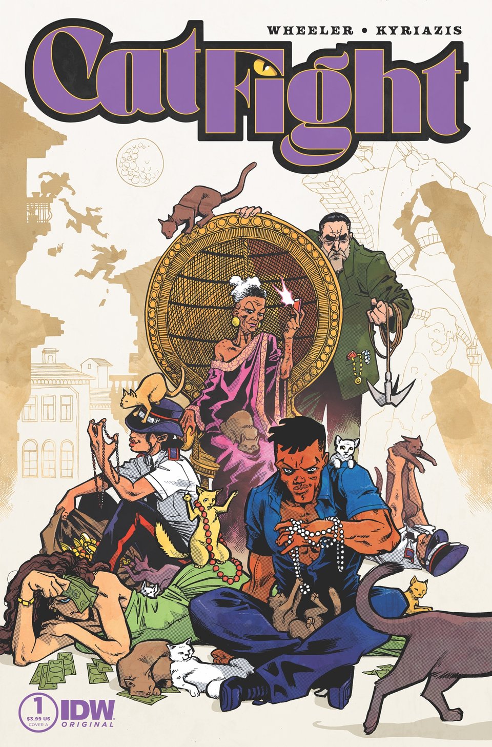 Cover for Cat Fight #1, an IDW comic by Andrew Wheeler and Ilias Kyriazis. The cover shows a group of cat burglars and some real cats gathered around a glamorous older woman in a throne-like rattan chair, with money and jewels scattered all around.