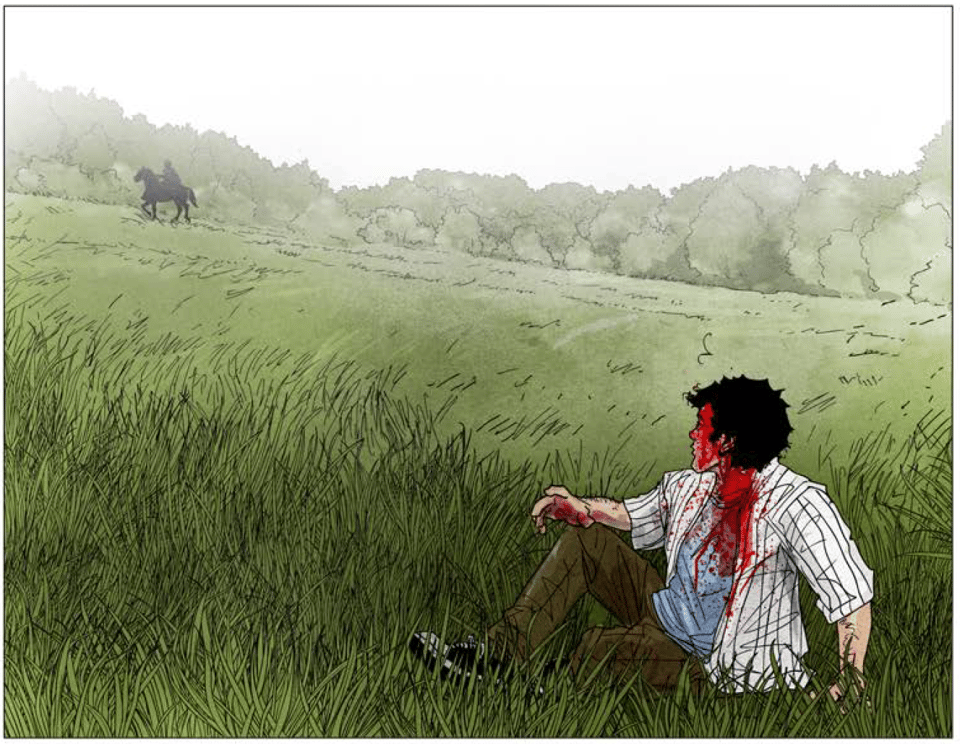 a panel from 'Project Mantle' from Kleid and his talented co-author, showing a bloody dude sitting in a field, a rider on a horse in the distance