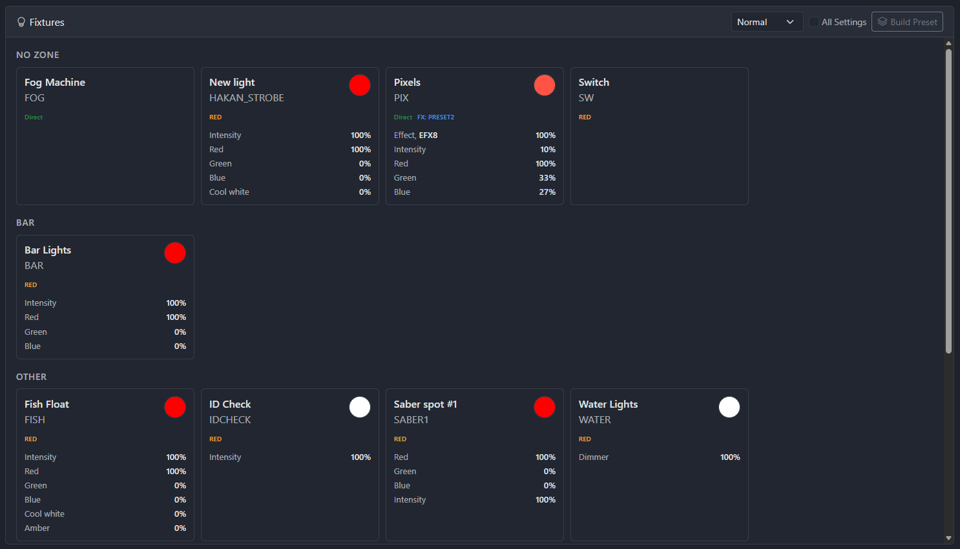 DMX Core fixture control in the Web UI