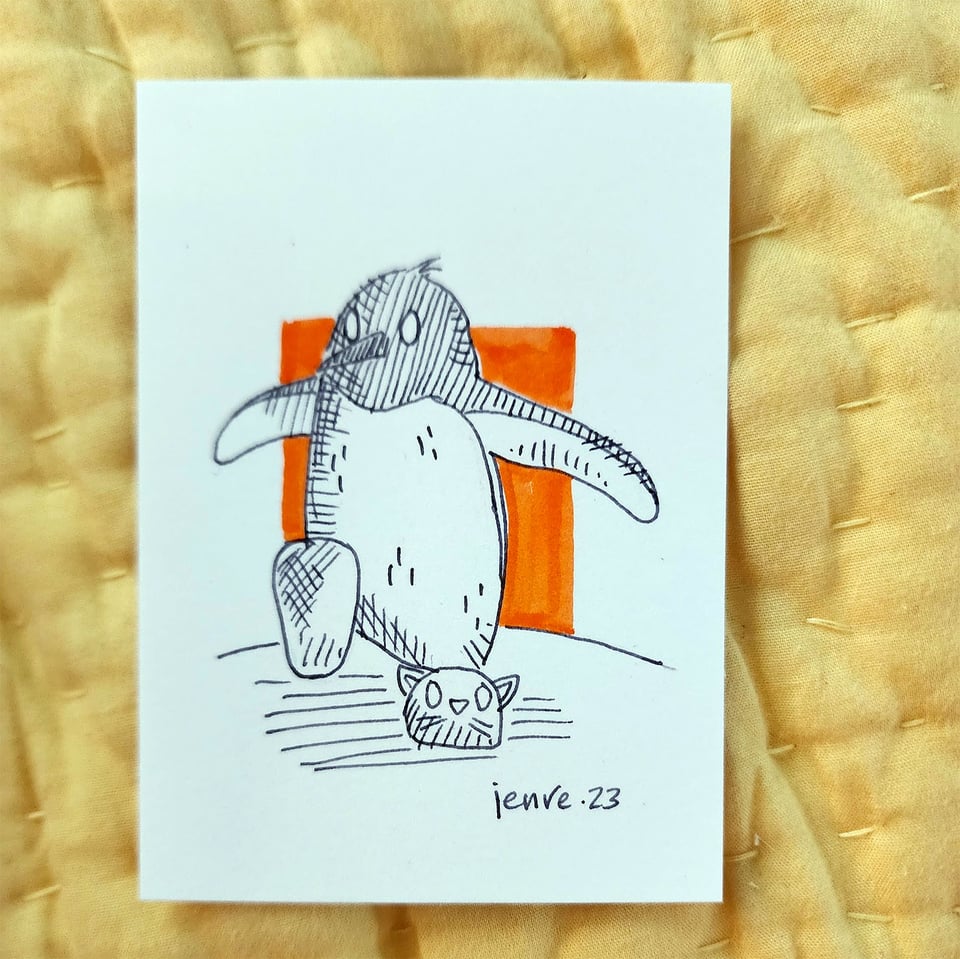 Pen and ink drawing of a penguin stomping around in slippers shaped like kitty faces.