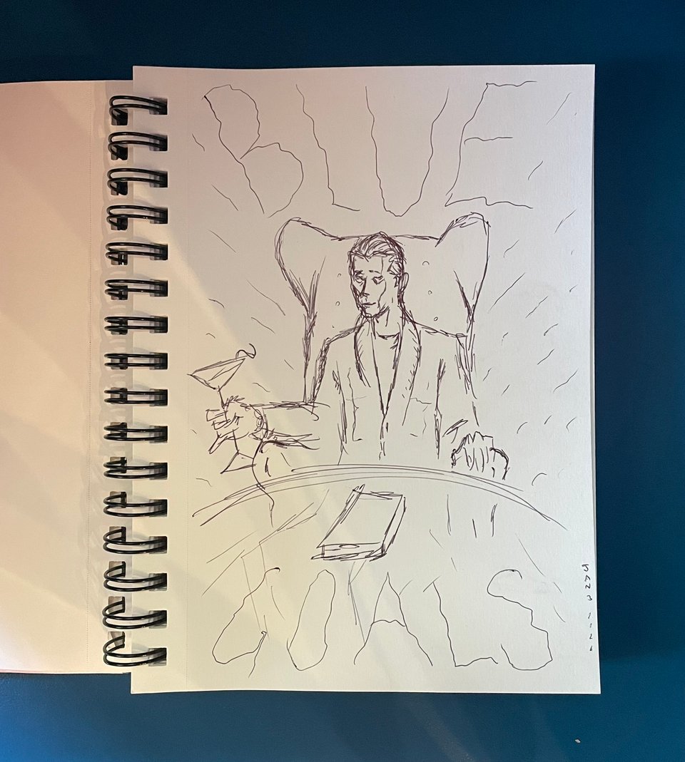 A rough sketch of a man sitting in a big chair with a cocktail glass. Above him floats the word BLUE and below him floats the word GOALS