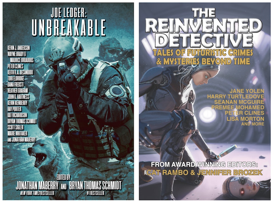 Two side by side covers for JOE LEDGER: UNBREAKABLE and THE REINVENTED DETECTIVE. each with a list of contributing authors.