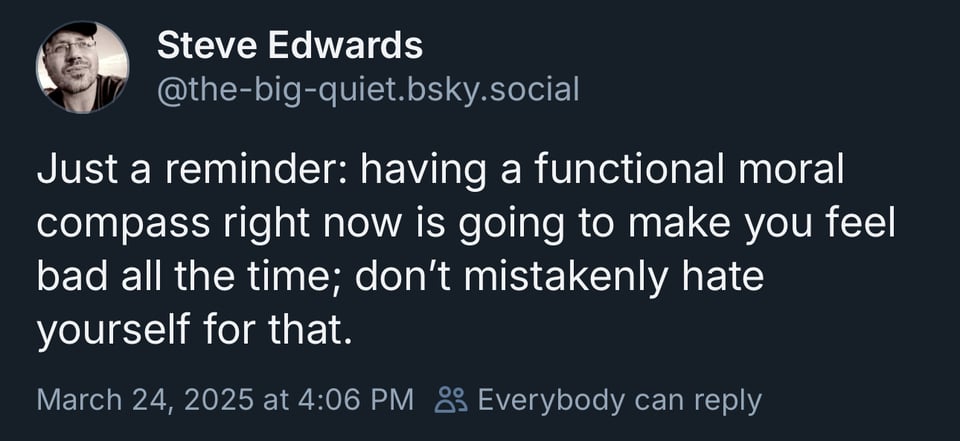 Post from Bluesky user: @the-big-quiet.bsky.social: Just a reminder: having a functional moral compass right now is going to make you feel bad all the time; don’t mistakenly hate yourself for that.