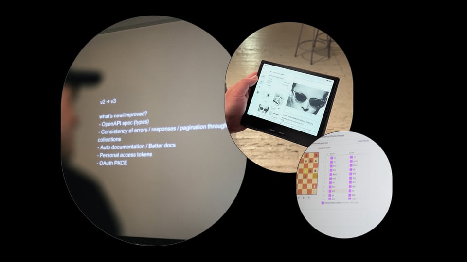 A collage of images from the API meetup, showing someone presenting on a screen, showing a project on an iPad, and a close-up of a website.