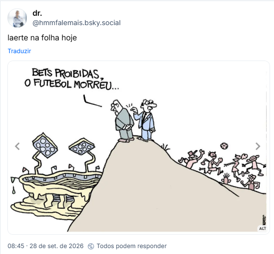 Post de dr. (@hmmfalemais.bsky.social): laerte na folha hoje
(charge da laerte na folha de são paulo. dois homens estão em cima de um morro. o primeiro, de terno acinzentado, olha triste para um estádio derretendo e fala "bets proibidas, o futebol morreu...". o segundo, de terno azul, chama a sua atenção para a cena do outro lado, onde crianças jogam futebol alegremente.)